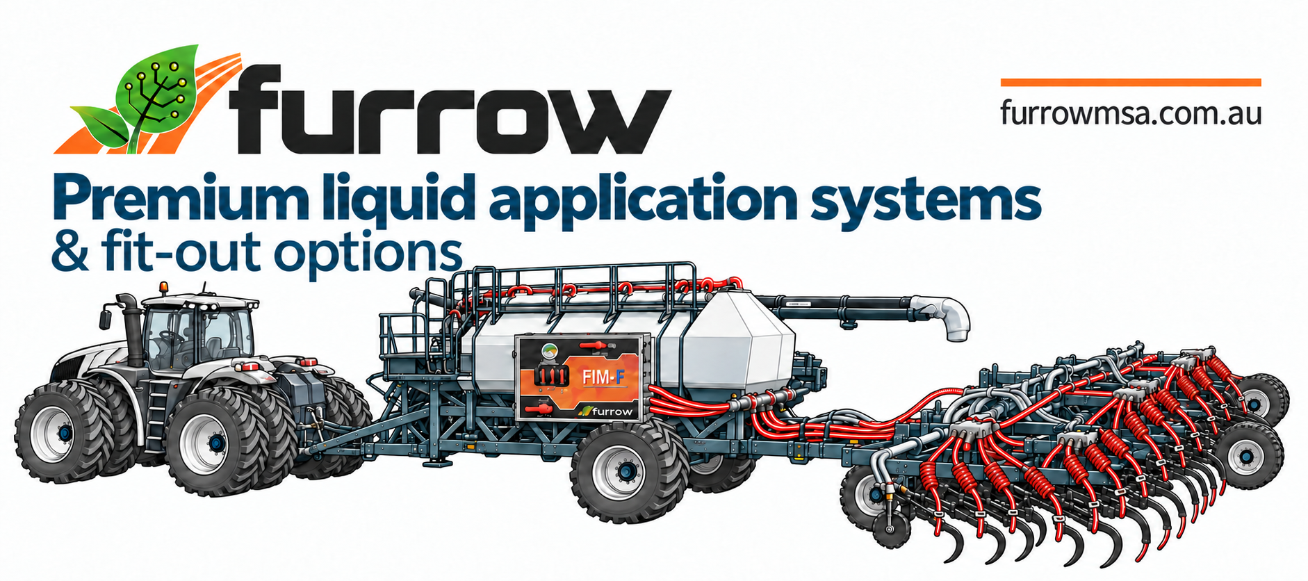 Furrow MSA grayscale tractor and FIM-F liquid system with red Friction Flow tubing